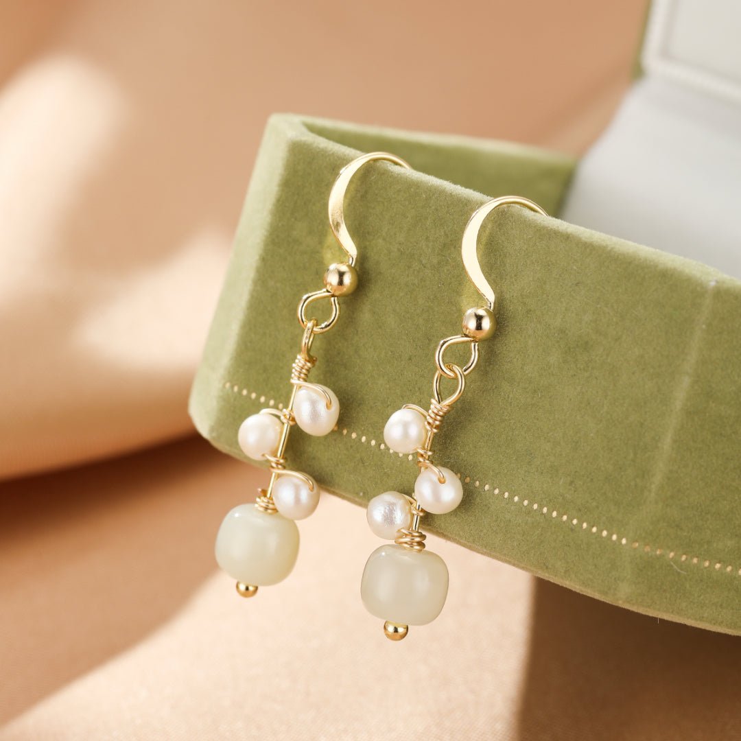 Boucles d'Oreilles Jade Perles Or 14K Protection - Biloria