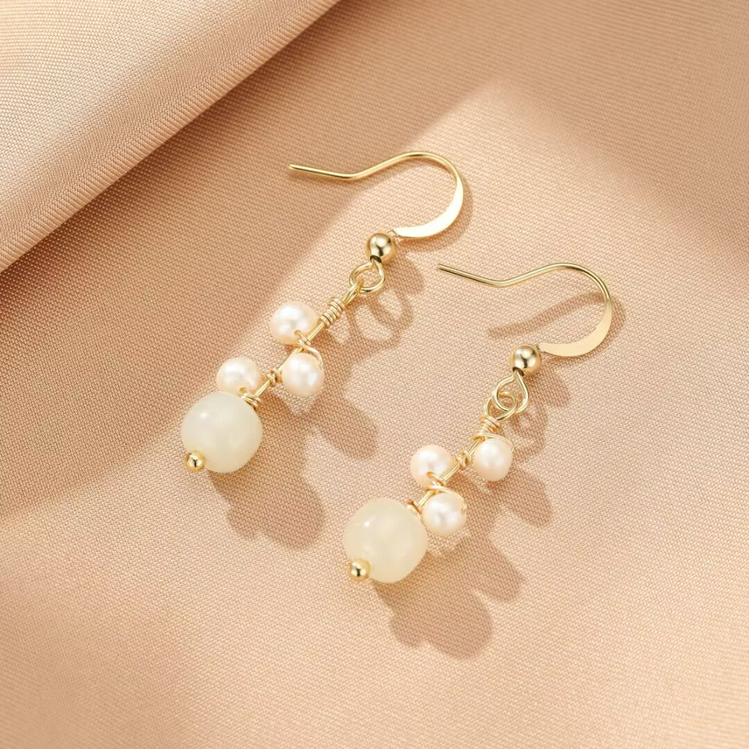 Boucles d'Oreilles Jade Perles Or 14K Protection - Biloria