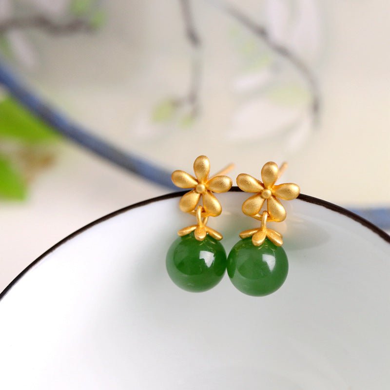 Boucles d'Oreilles Jade Vert Argent Plaqué Or - Biloria