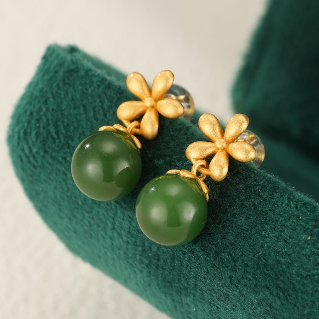 Boucles d'Oreilles Jade Vert Argent Plaqué Or - Biloria
