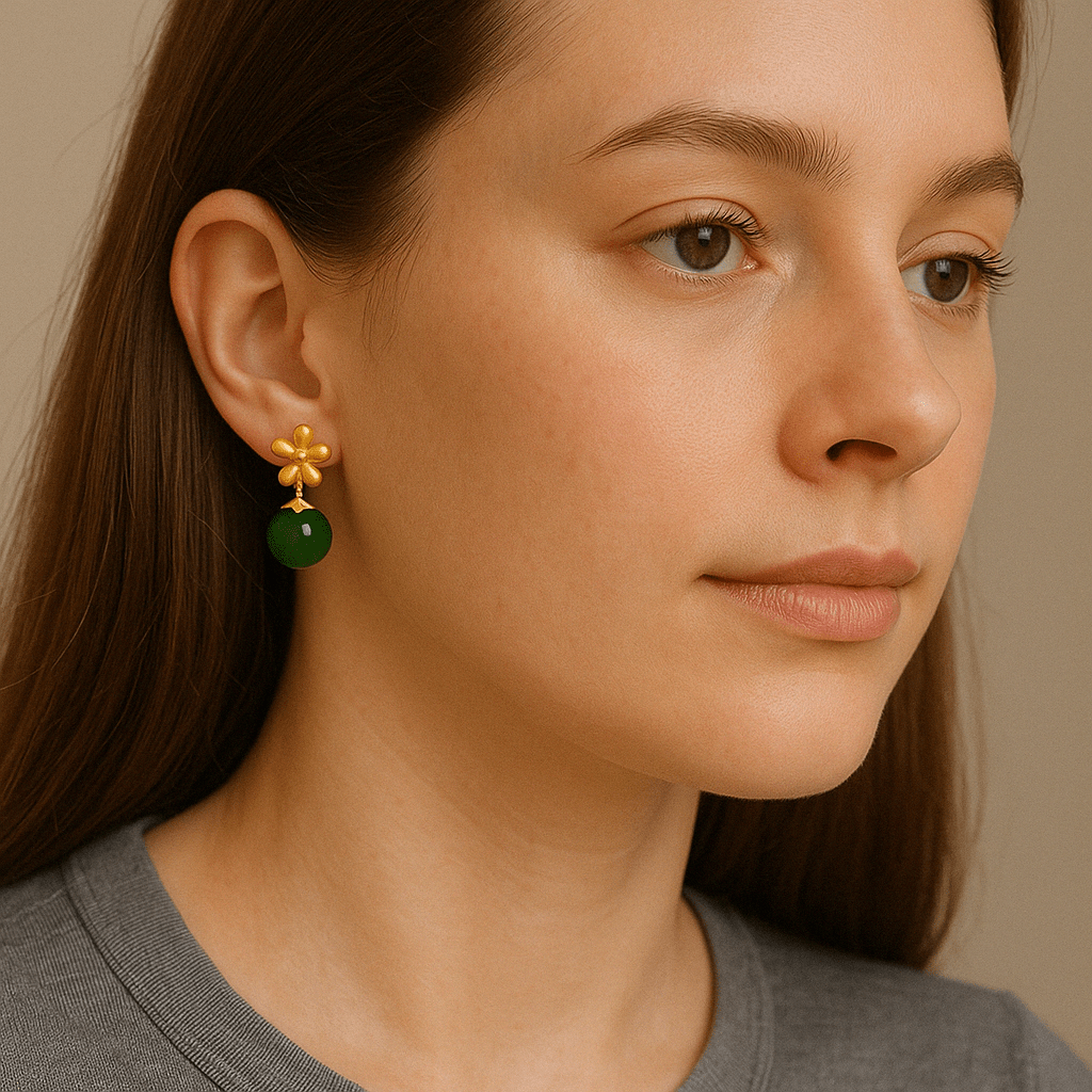 Boucles d'Oreilles Jade Vert Argent Plaqué Or - Biloria