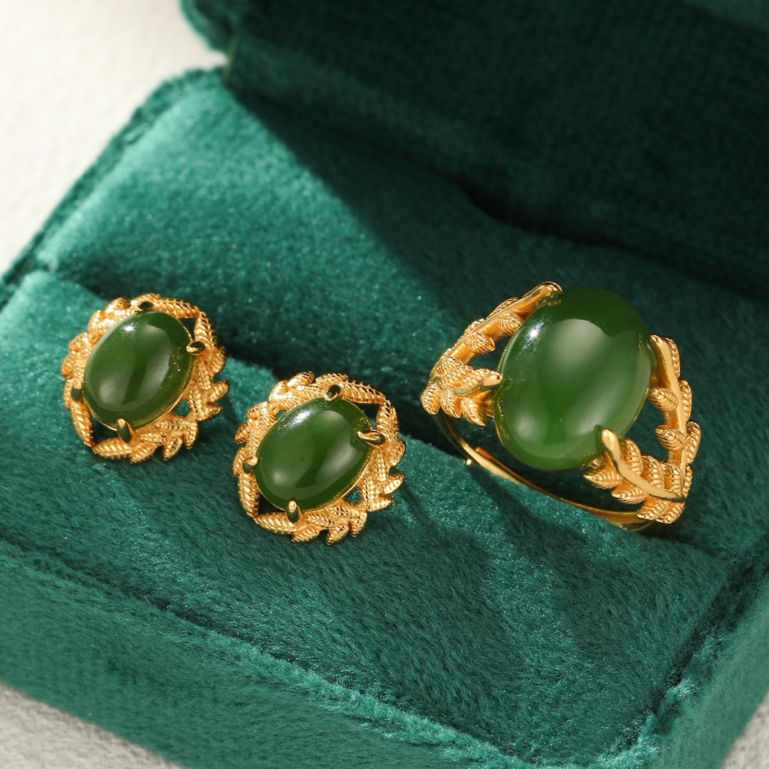 Boucles d'Oreilles Jade Vert Naturel Argent Plaqué Or - Biloria