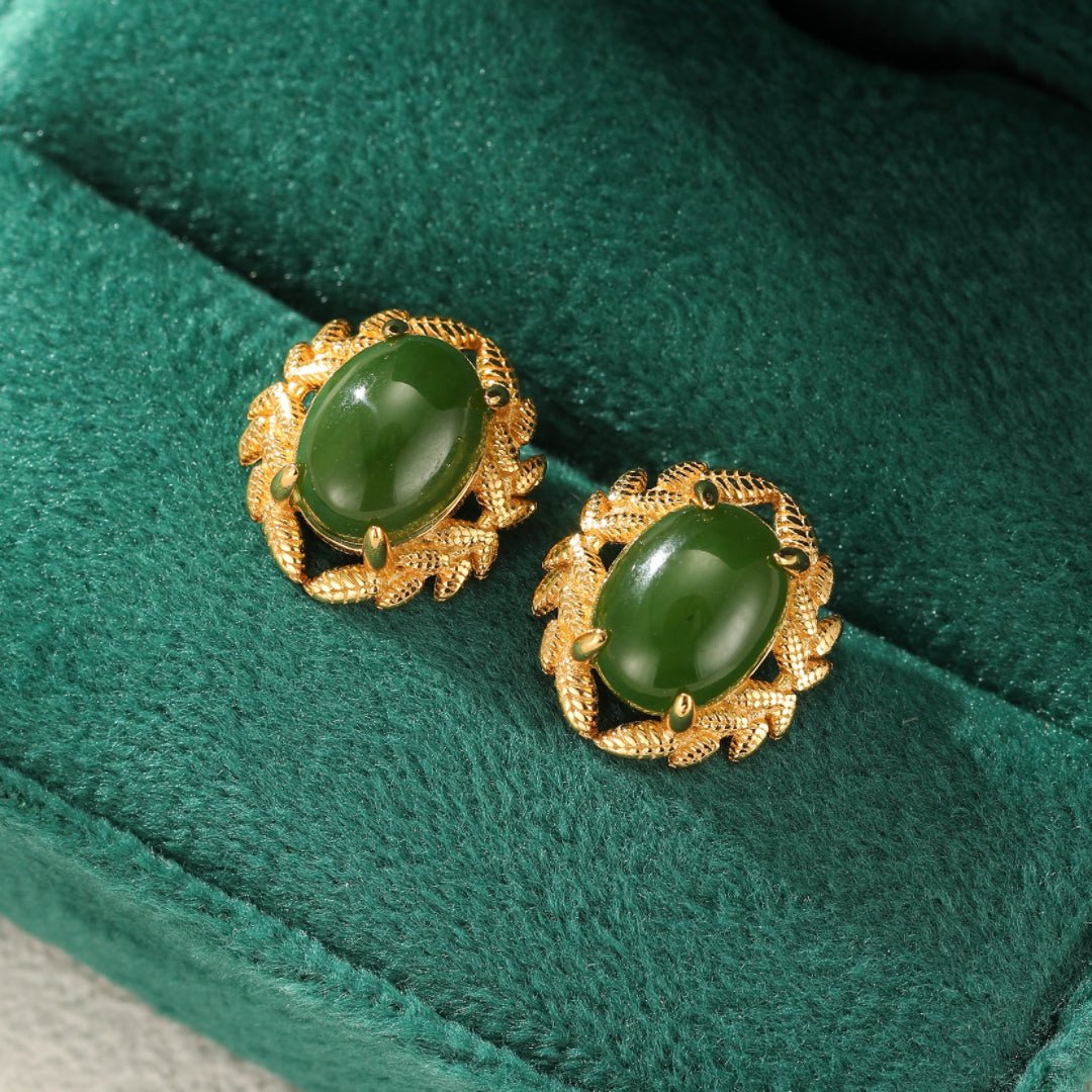 Boucles d'Oreilles Jade Vert Naturel Argent Plaqué Or - Biloria