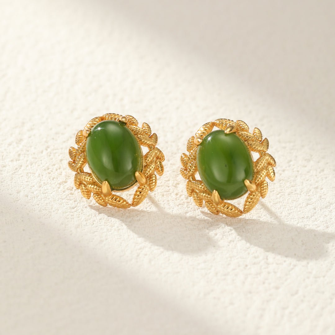 Boucles d'Oreilles Jade Vert Naturel Argent Plaqué Or - Biloria