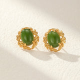Boucles d'Oreilles Jade Vert Naturel Argent Plaqué Or - Biloria