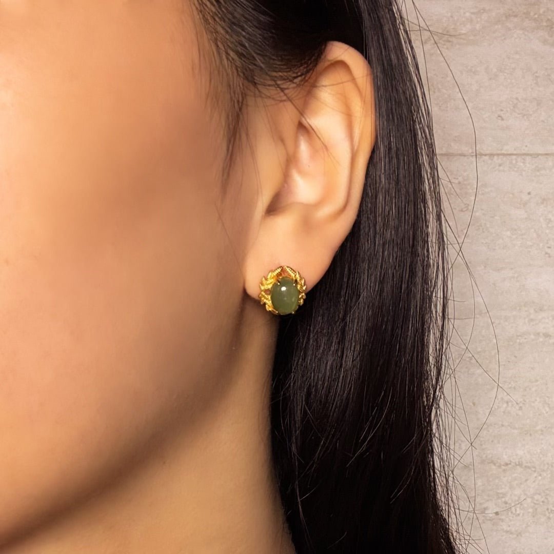 Boucles d'Oreilles Jade Vert Naturel Argent Plaqué Or - Biloria