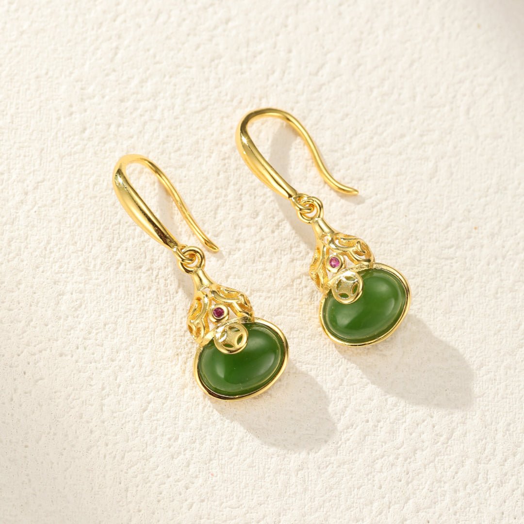 Boucles d'Oreilles Jade Vert Zircon Gourde Argent Plaqué Or - Biloria