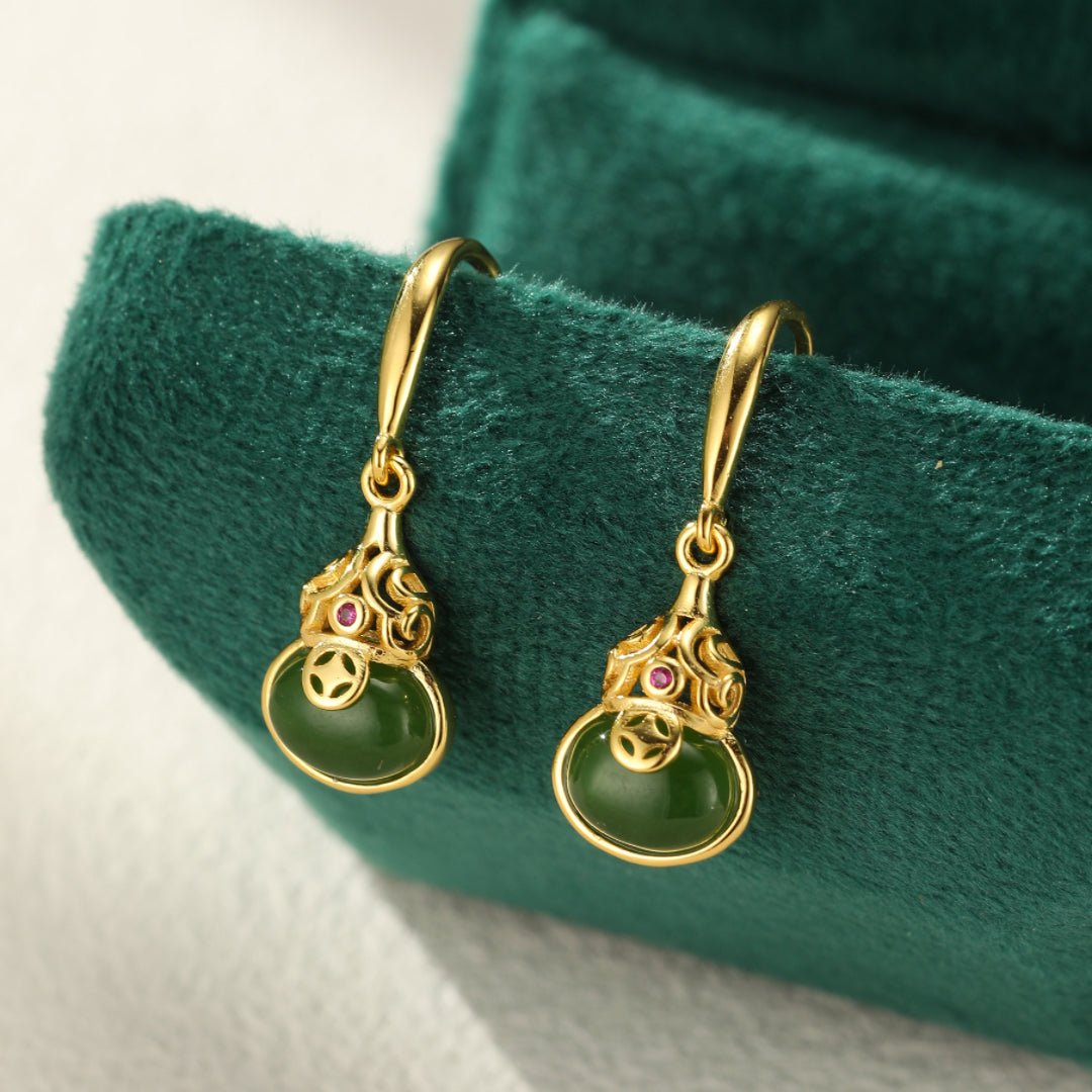 Boucles d'Oreilles Jade Vert Zircon Gourde Argent Plaqué Or - Biloria