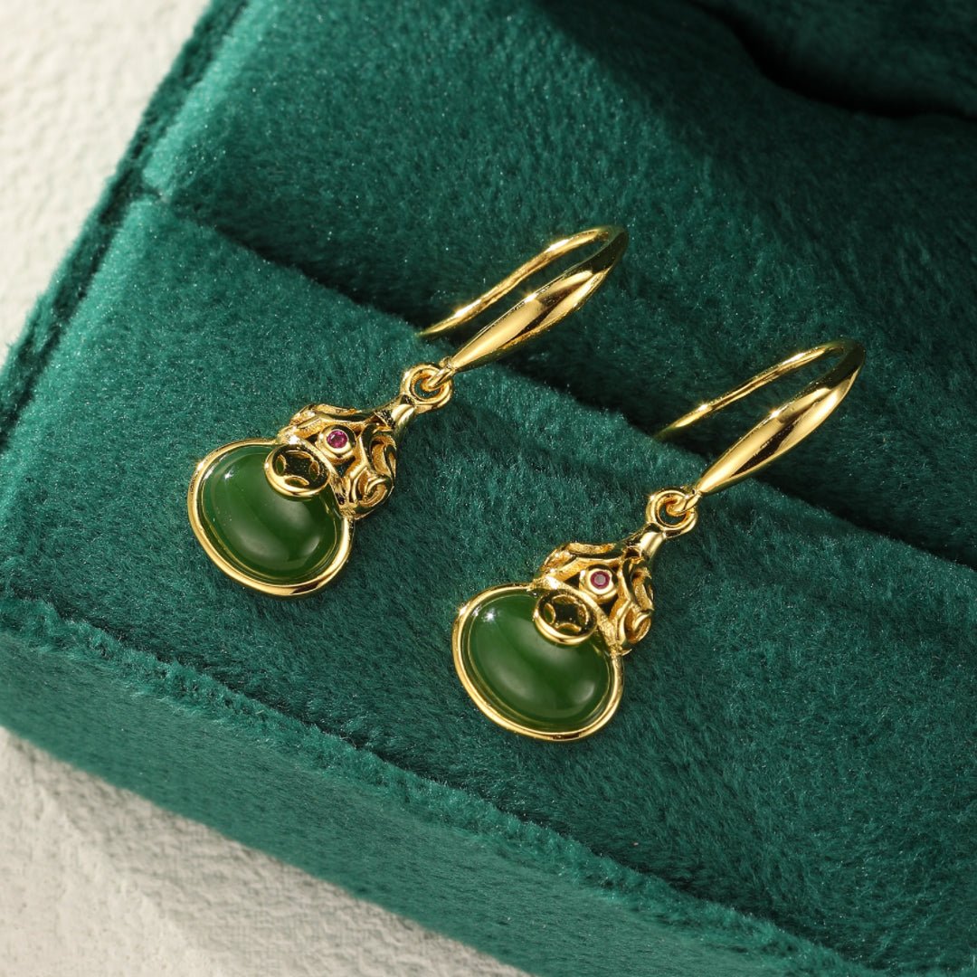 Boucles d'Oreilles Jade Vert Zircon Gourde Argent Plaqué Or - Biloria