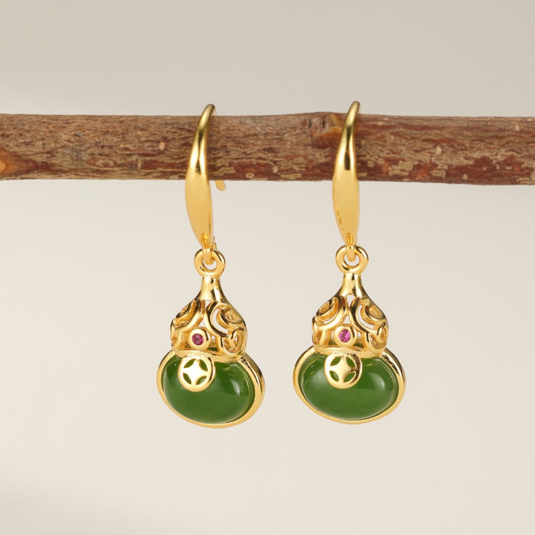 Boucles d'Oreilles Jade Vert Zircon Gourde Argent Plaqué Or - Biloria