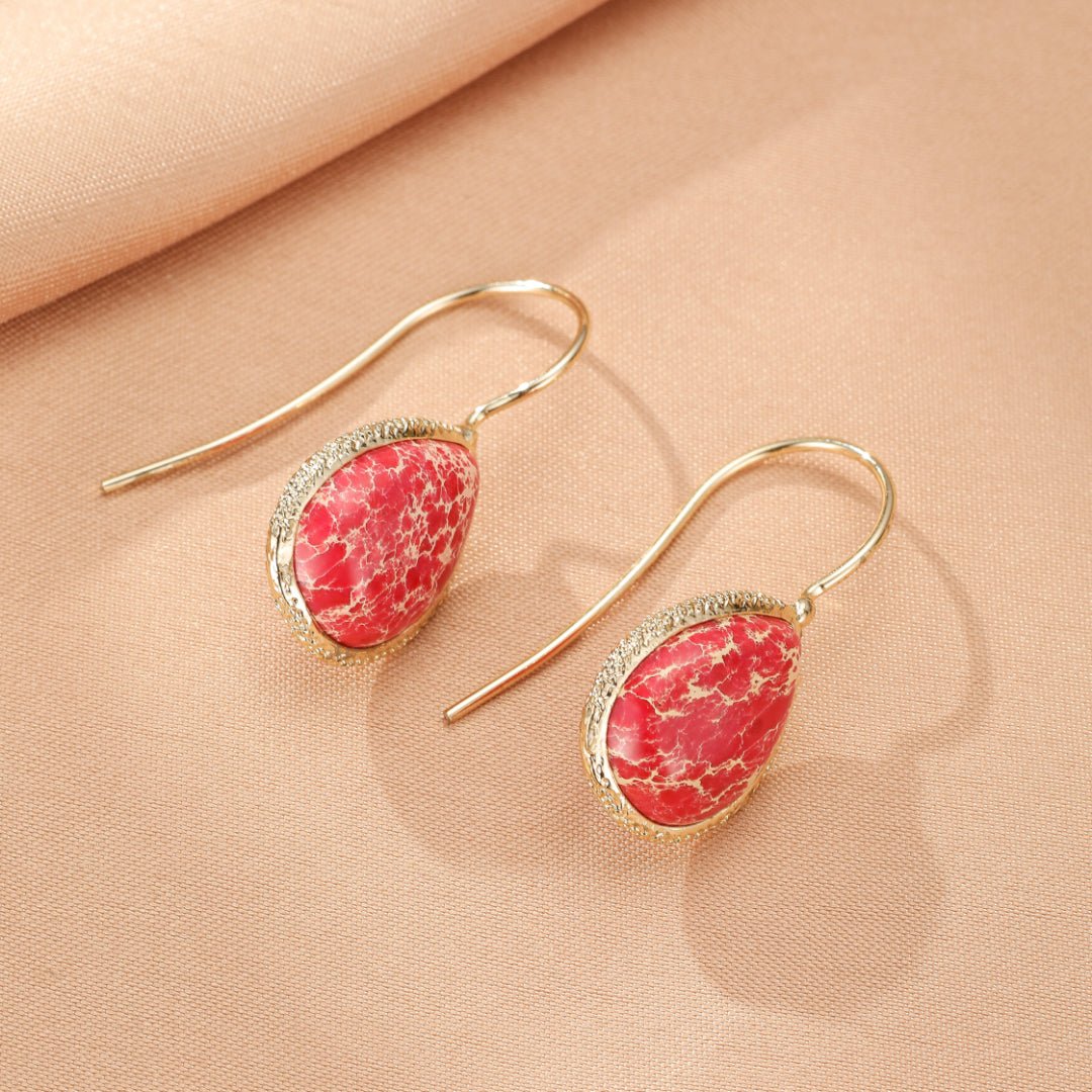 Boucles d'Oreilles Jaspe Rouge en Goutte Laiton Doré - Biloria