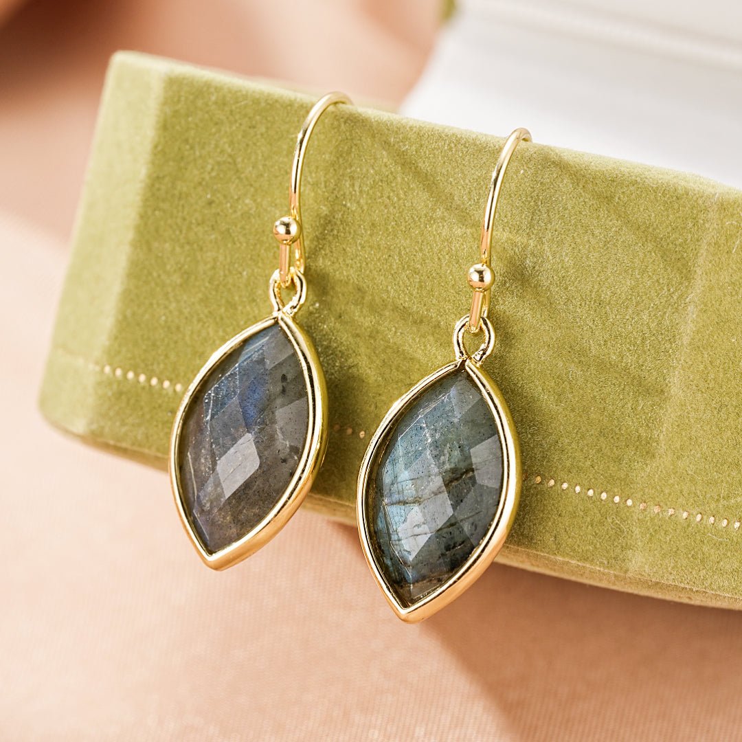 Boucles d'Oreilles Labradorite Feuille | Bijou Protection Lumière - Biloria