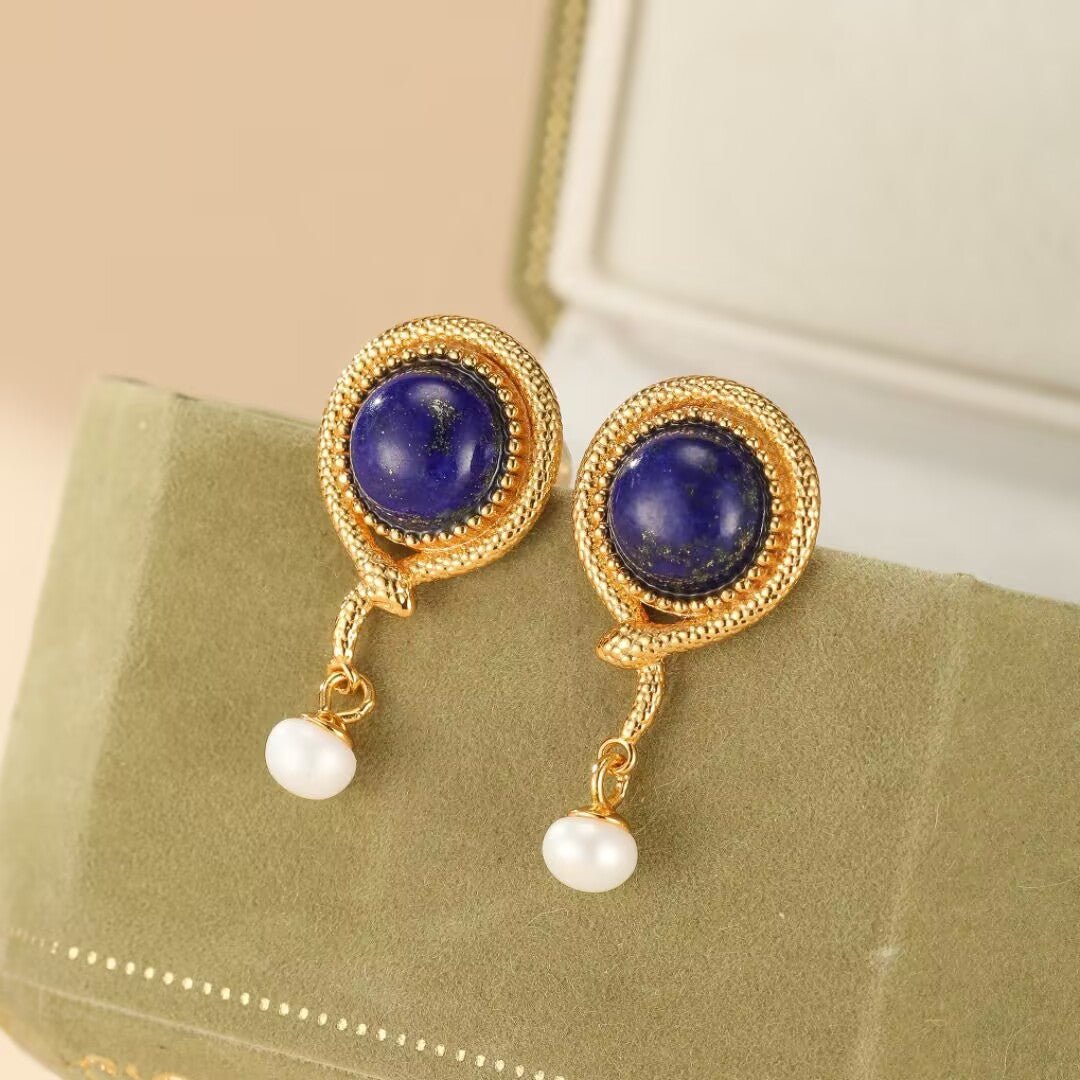Boucles d'Oreilles Lapis Lazuli et Perle - Argent Plaqué Or - Biloria