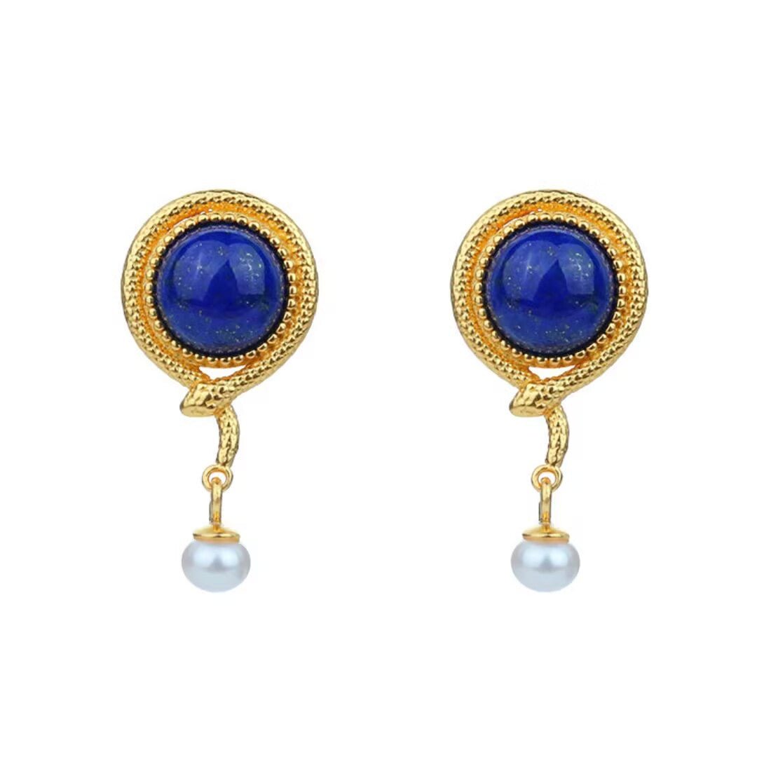 Boucles d'Oreilles Lapis Lazuli et Perle - Argent Plaqué Or - Biloria