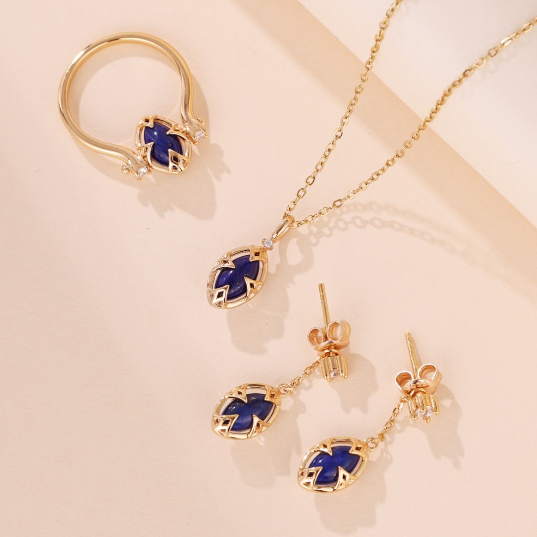 Boucles d'Oreilles Lapis Lazuli et Quartz Clair Argent Plaqué Or - Biloria