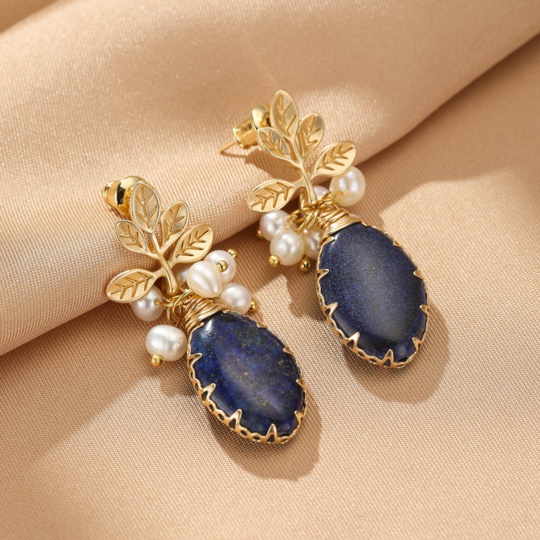 Boucles d'Oreilles Lapis Lazuli Perle Fleur Sérénité Argent Plaqué Or - Biloria