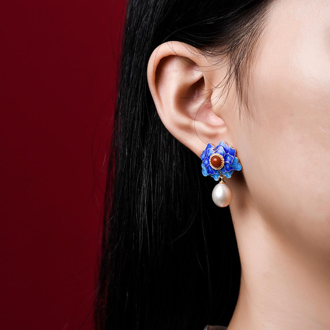 Boucles d'Oreilles Lotus Argent 925 – Lotus Bleu et Agate Rouge - Biloria