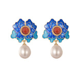 Boucles d'Oreilles Lotus Argent 925 – Lotus Bleu et Agate Rouge - Biloria