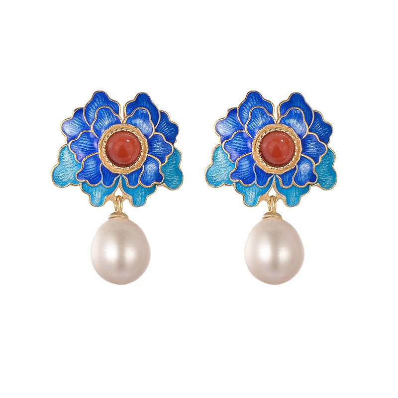 Boucles d'Oreilles Lotus Argent 925 – Lotus Bleu et Agate Rouge - Biloria