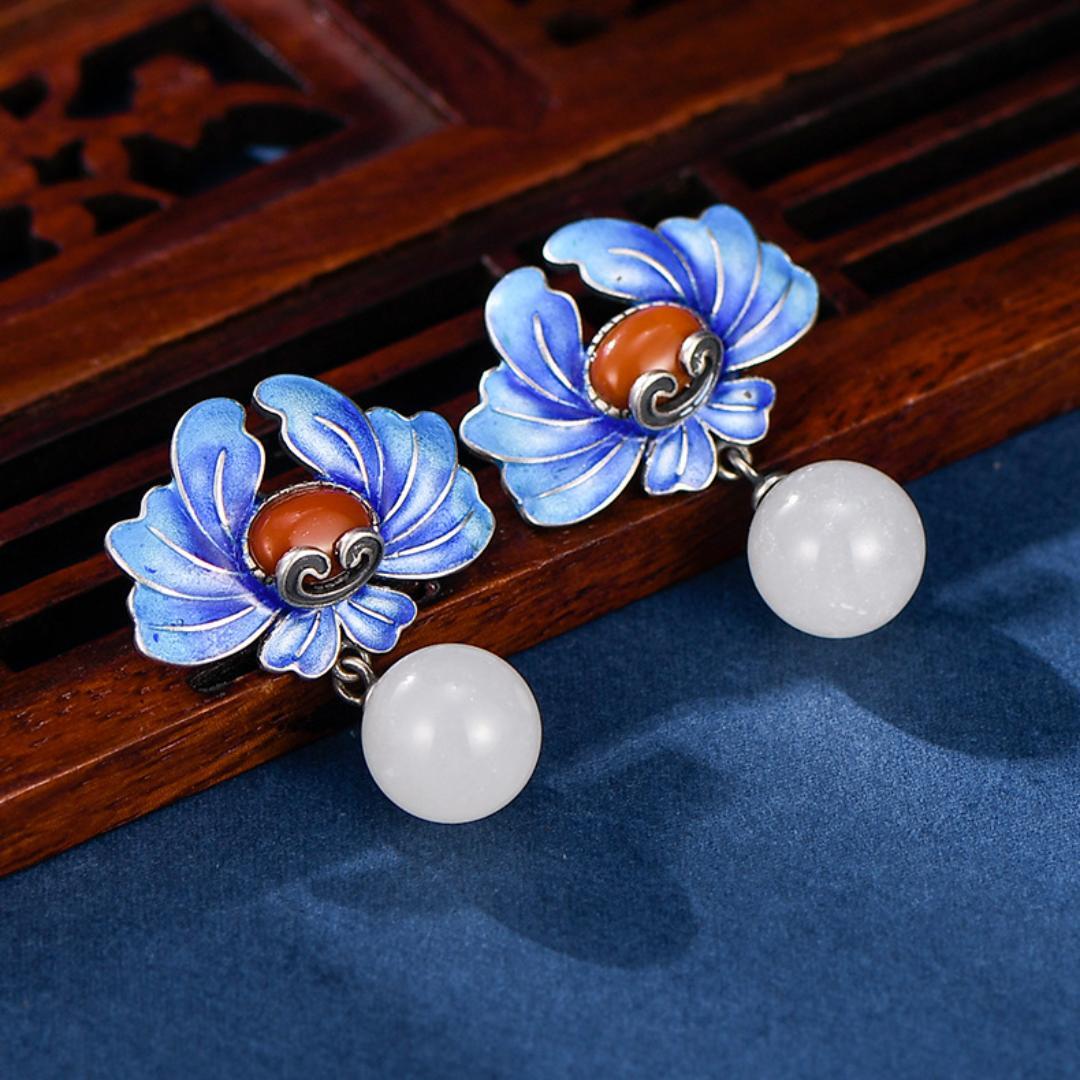 Boucles d'Oreilles Lotus Argent 925 – Lotus Bleu et Agate Rouge - Biloria