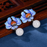 Boucles d'Oreilles Lotus Argent 925 – Lotus Bleu et Agate Rouge - Biloria