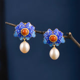 Boucles d'Oreilles Lotus Argent 925 – Lotus Bleu et Agate Rouge - Biloria
