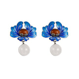 Boucles d'Oreilles Lotus Argent 925 – Lotus Bleu et Agate Rouge - Biloria