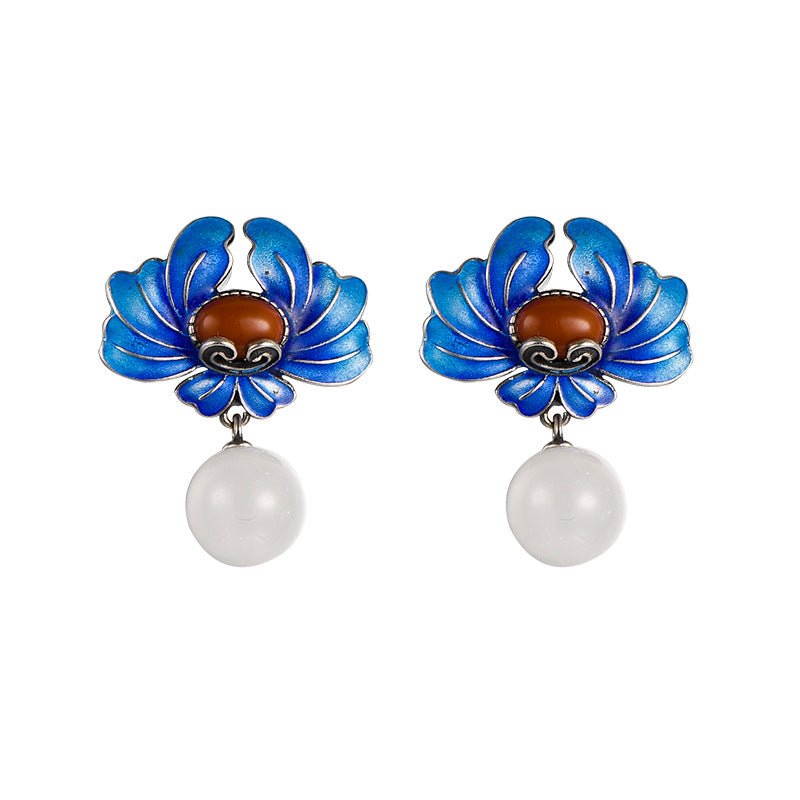 Boucles d'Oreilles Lotus Argent 925 – Lotus Bleu et Agate Rouge - Biloria