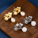 Boucles d'Oreilles Lotus Argent 925 – Lotus Bleu et Agate Rouge - Biloria