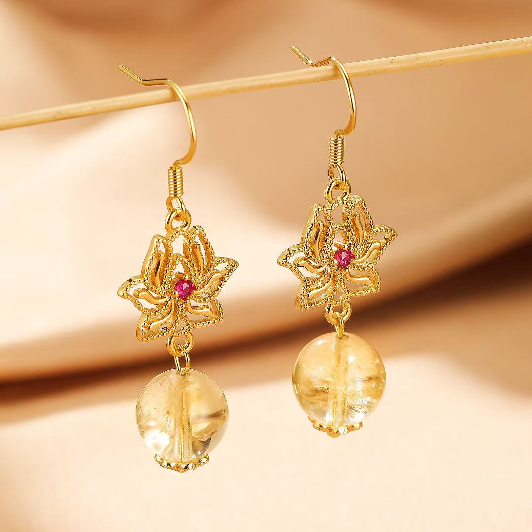 Boucles d'Oreilles Lotus Citrine – Argent Plaqué Or - Biloria