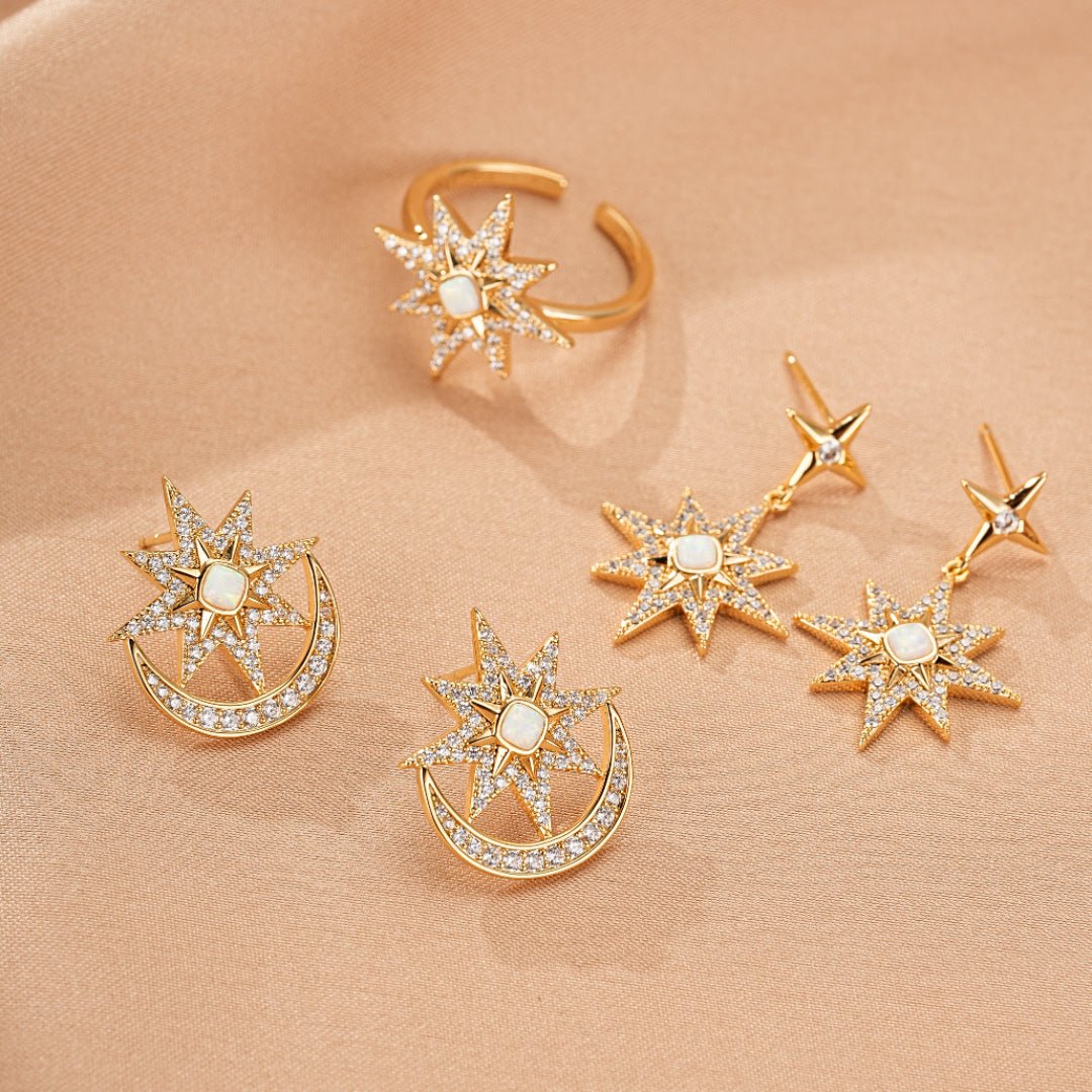 Boucles d'Oreilles Lune Étoile Opale Zircon - Biloria