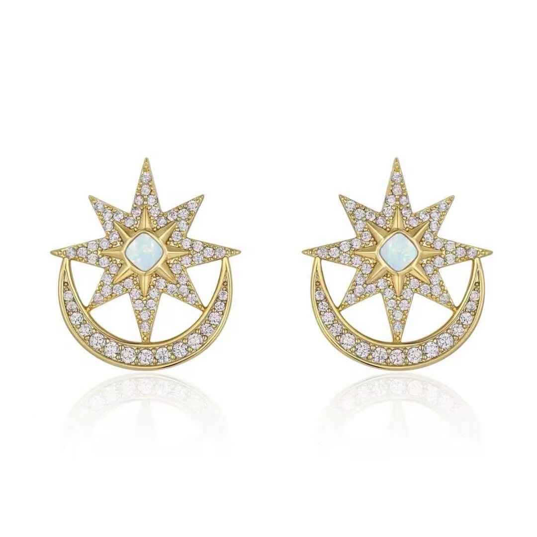 Boucles d'Oreilles Lune Étoile Opale Zircon - Biloria
