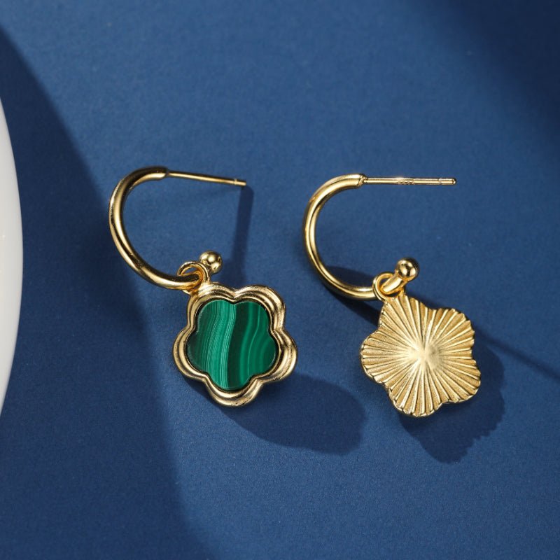 Boucles d'Oreilles Malachite Étoile Fleur Argent Plaqué Or - Biloria