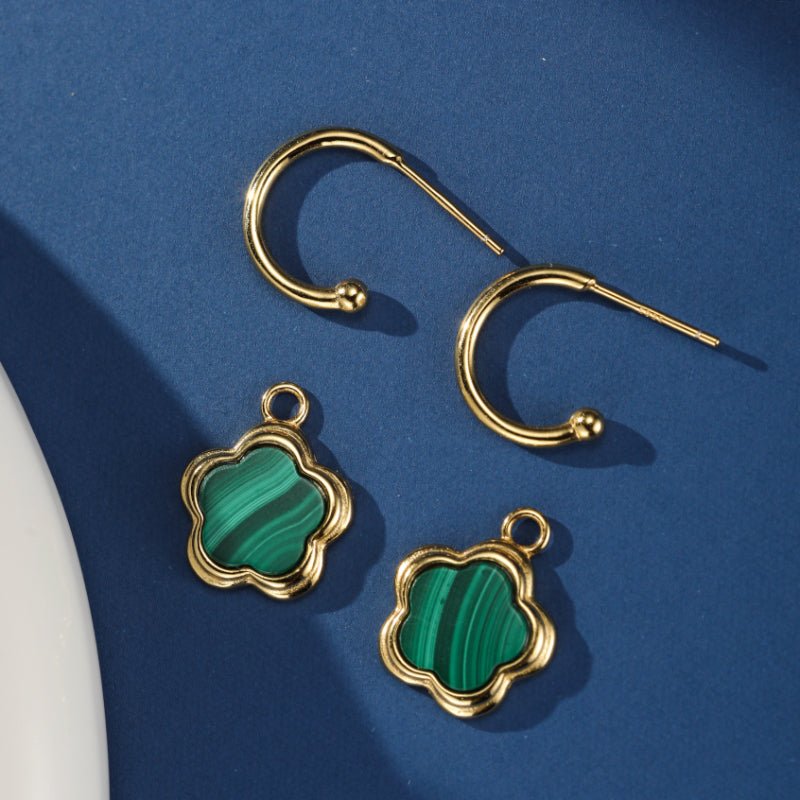 Boucles d'Oreilles Malachite Étoile Fleur Argent Plaqué Or - Biloria