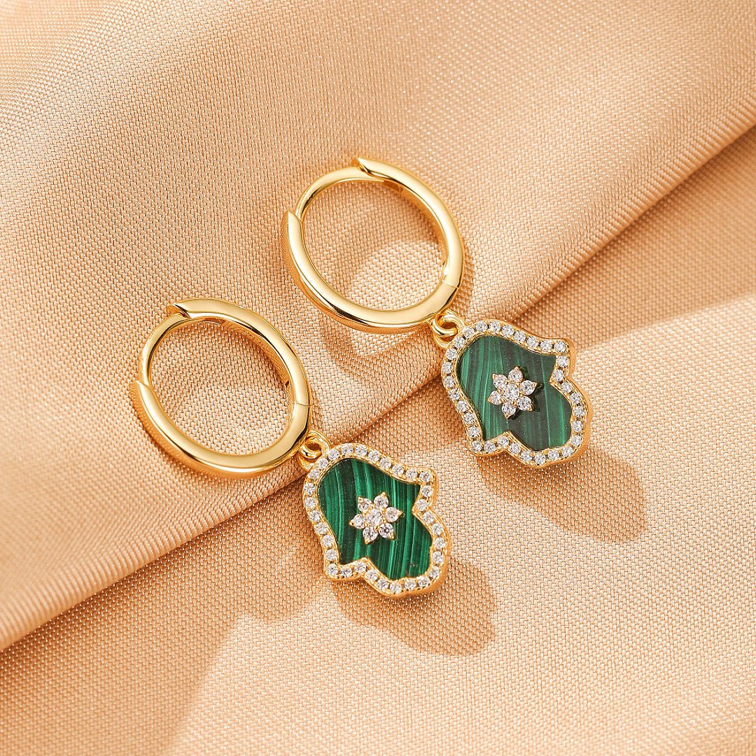 Boucles d'oreilles Malachite Hamsa étoilée, Argent plaqué or - Biloria