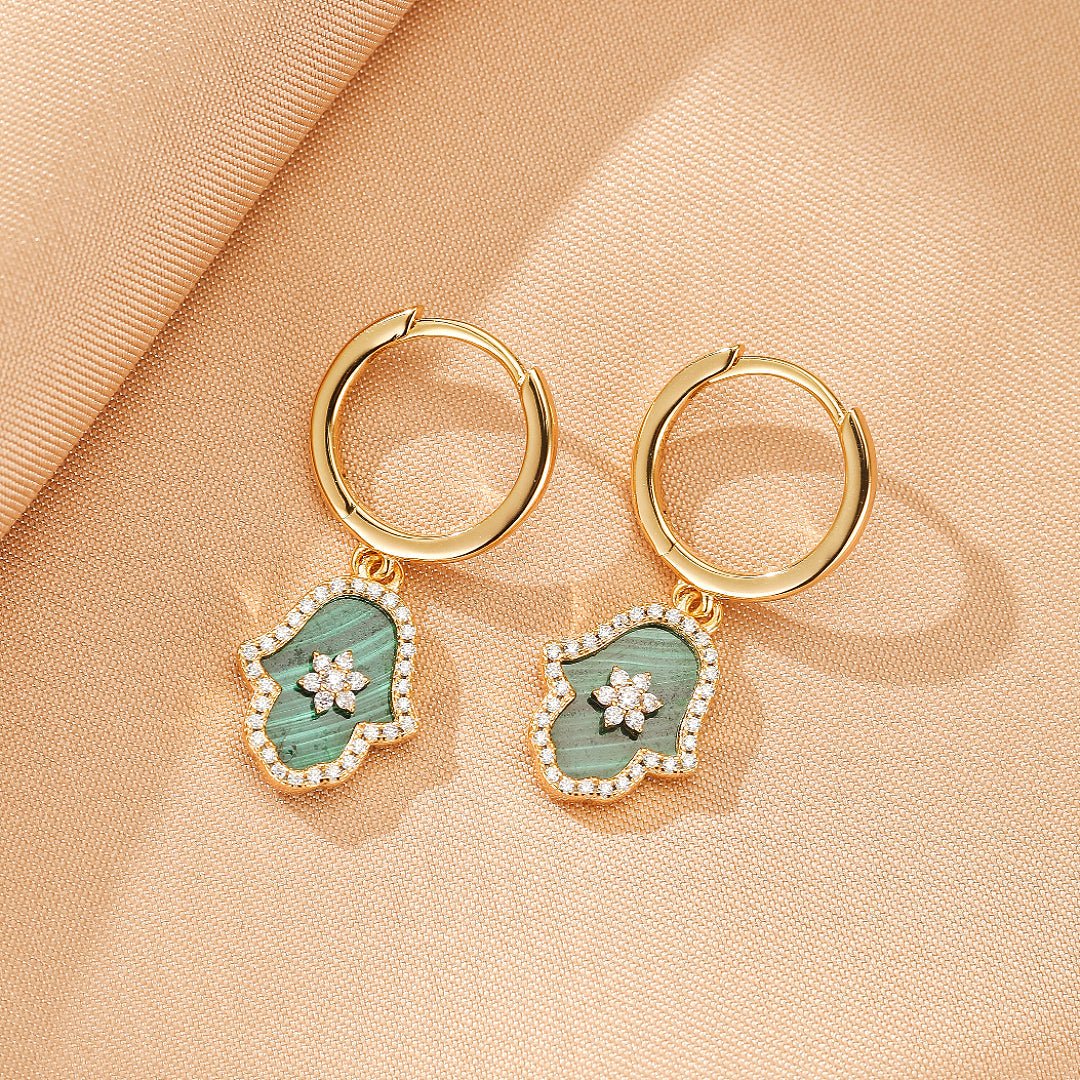 Boucles d'oreilles Malachite Hamsa étoilée, Argent plaqué or - Biloria