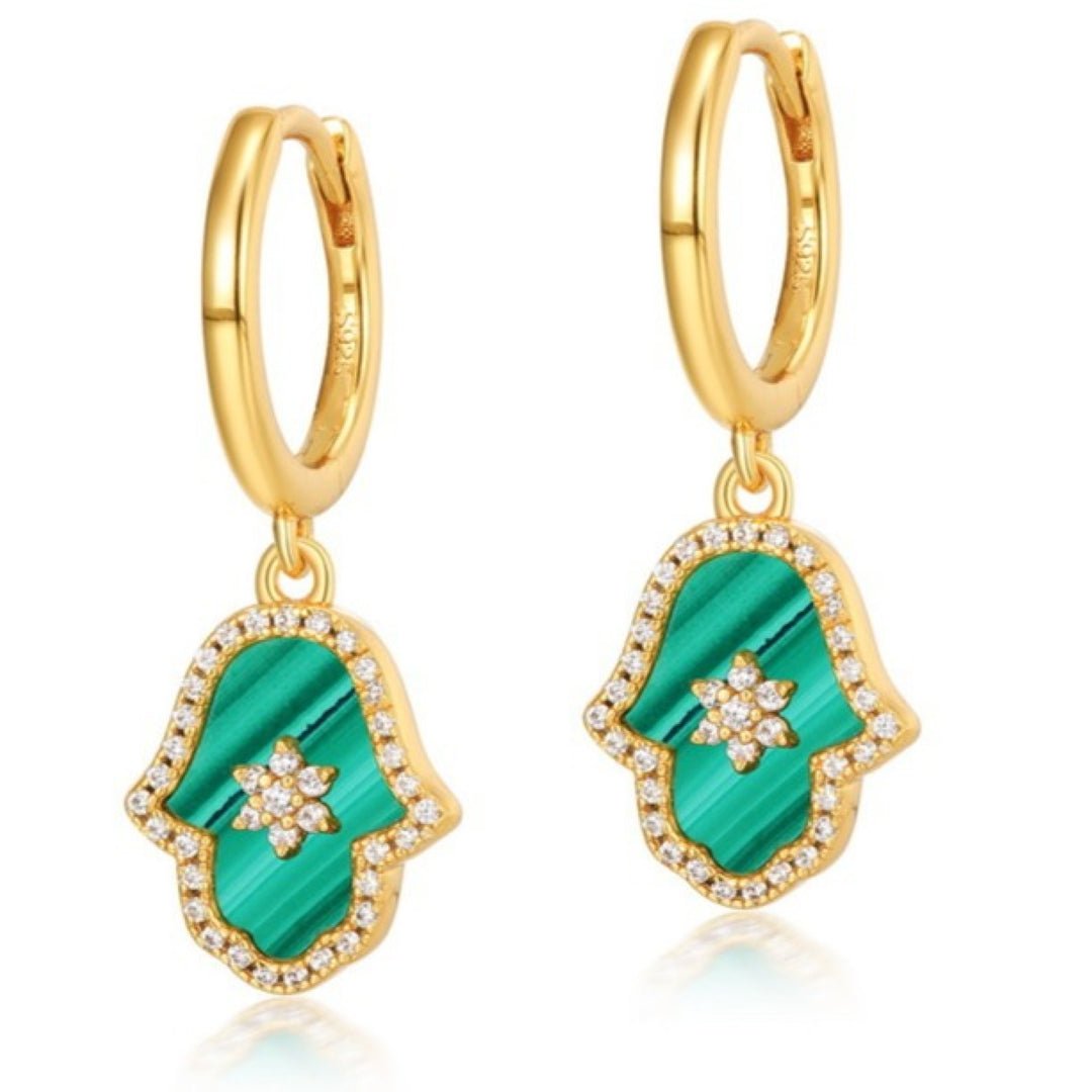 Boucles d'oreilles Malachite Hamsa étoilée, Argent plaqué or - Biloria