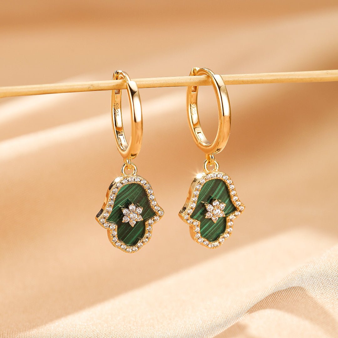 Boucles d'oreilles Malachite Hamsa étoilée, Argent plaqué or - Biloria
