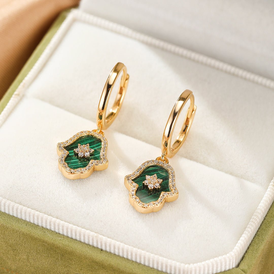 Boucles d'oreilles Malachite Hamsa étoilée, Argent plaqué or - Biloria