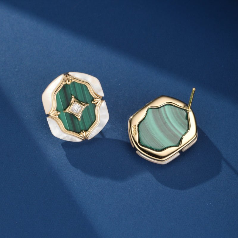 Boucles d'Oreilles Malachite Nacre Argent Plaqué Or - Biloria
