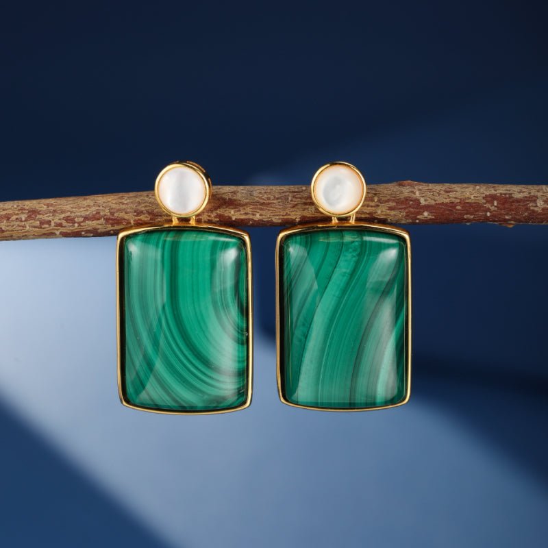 Boucles d'Oreilles Malachite Nacre Rectangulaires Argent Plaqué Or - Biloria