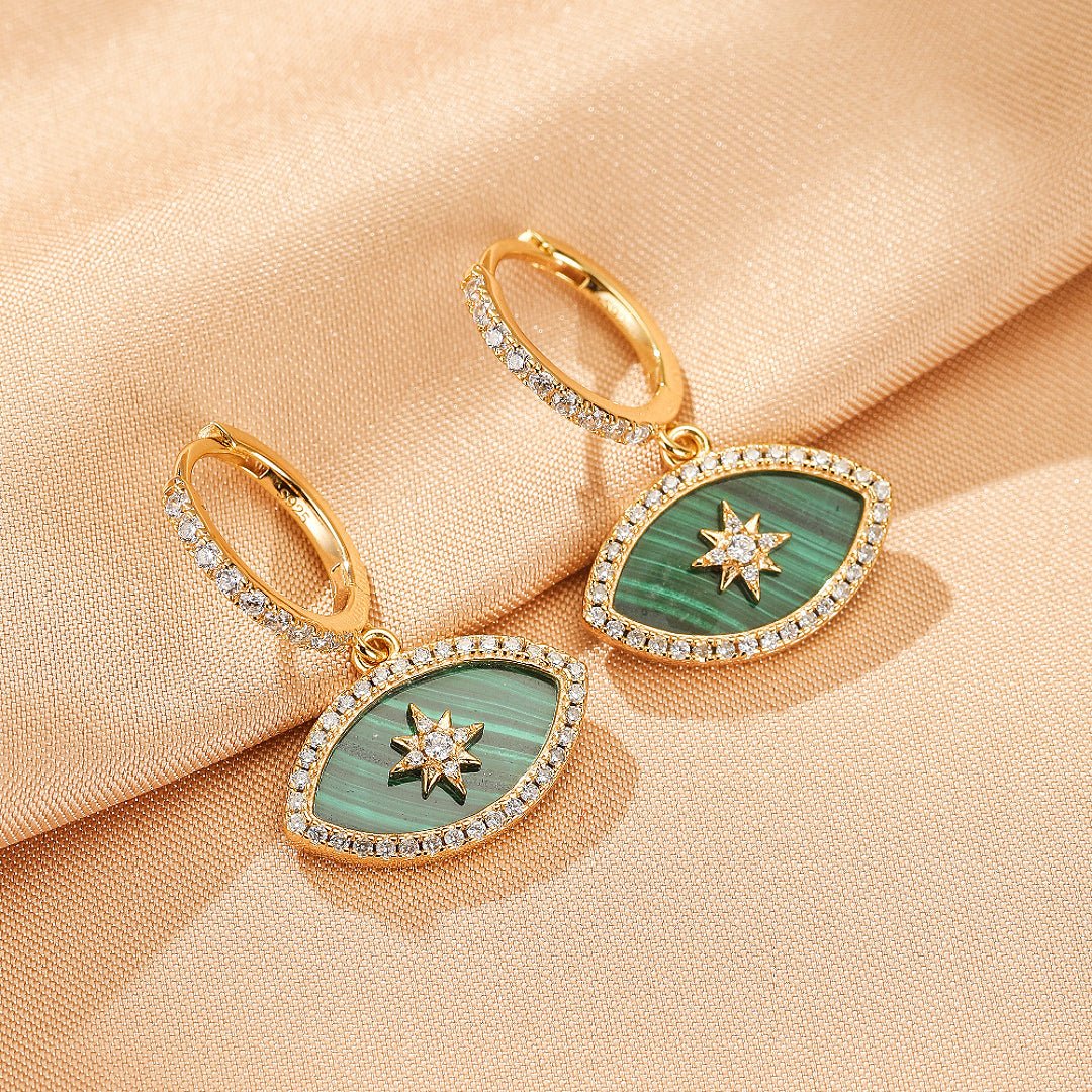 Boucles d'oreilles Malachite Œil Solaire – Argent Plaqué Or - Biloria