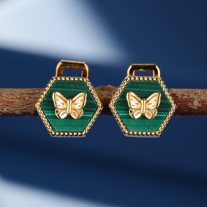 Boucles d'Oreilles Malachite Papillon Argent Plaqué Or - Biloria