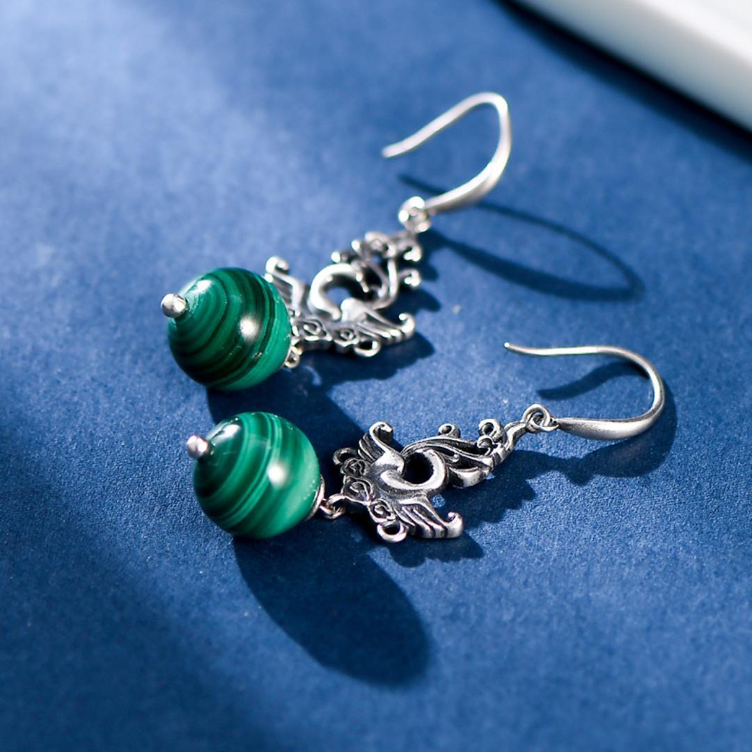 Boucles d'Oreilles Malachite Phénix Argent 925 - Biloria