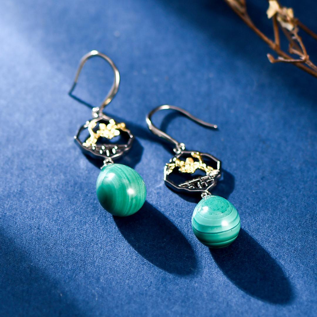 Boucles d'Oreilles Malachite Sakura Argent 925 - Biloria