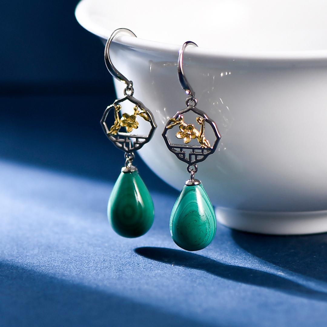 Boucles d'Oreilles Malachite Sakura Argent 925 - Biloria