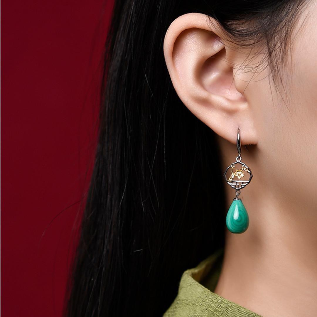 Boucles d'Oreilles Malachite Sakura Argent 925 - Biloria