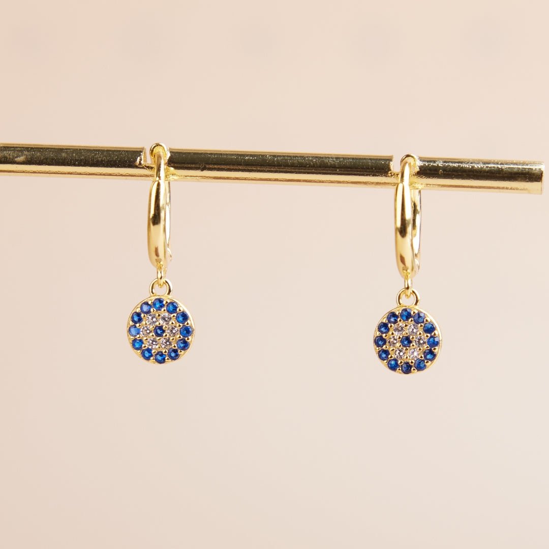 Boucles d'Oreilles Mauvais Œil – Zircons Bleus, Argent Plaqué Or - Biloria
