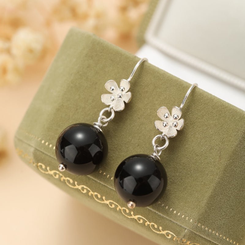 Boucles d'Oreilles Obsidienne Fleur de Cerisier Argent 925 - Biloria