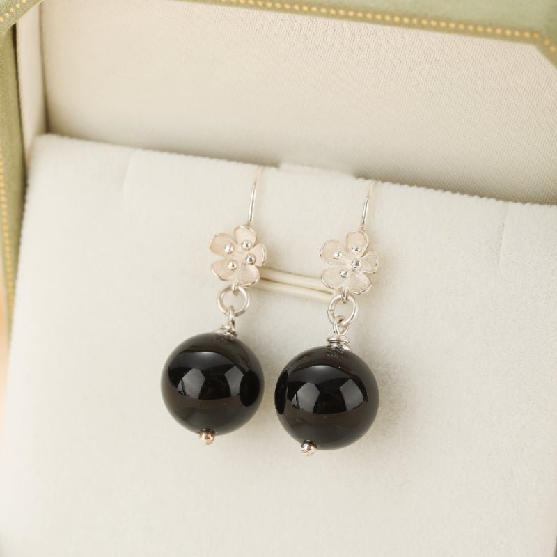 Boucles d'Oreilles Obsidienne Fleur de Cerisier Argent 925 - Biloria